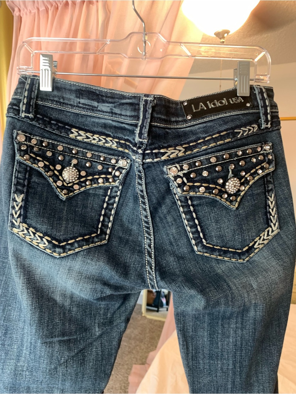 L.A. idol Women's Dark Blue Skinny Jeans with Studded Embellished Back Pockets